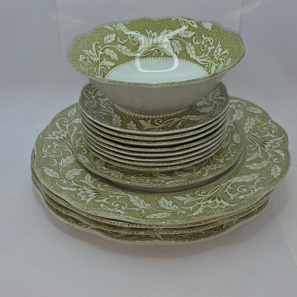 J&G Meakin England Sterling Renaissance Green White Floral Dinnerware Set 12pc
